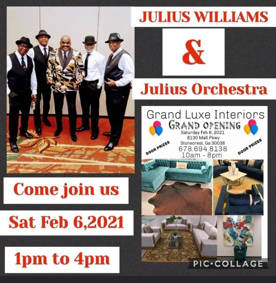 Julius Williams and Julius Orchestra Grand Luxe Interiors grand opening flyer