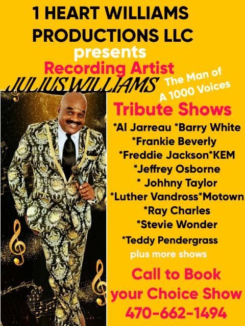 1 Heart Williams Productions tribute shows flyer listing Al Jarreau, Barry White, Frankie Beverly and more